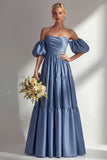 Steel Blue Off the Shoulder Satin Backless Long Bridesmaid Dress