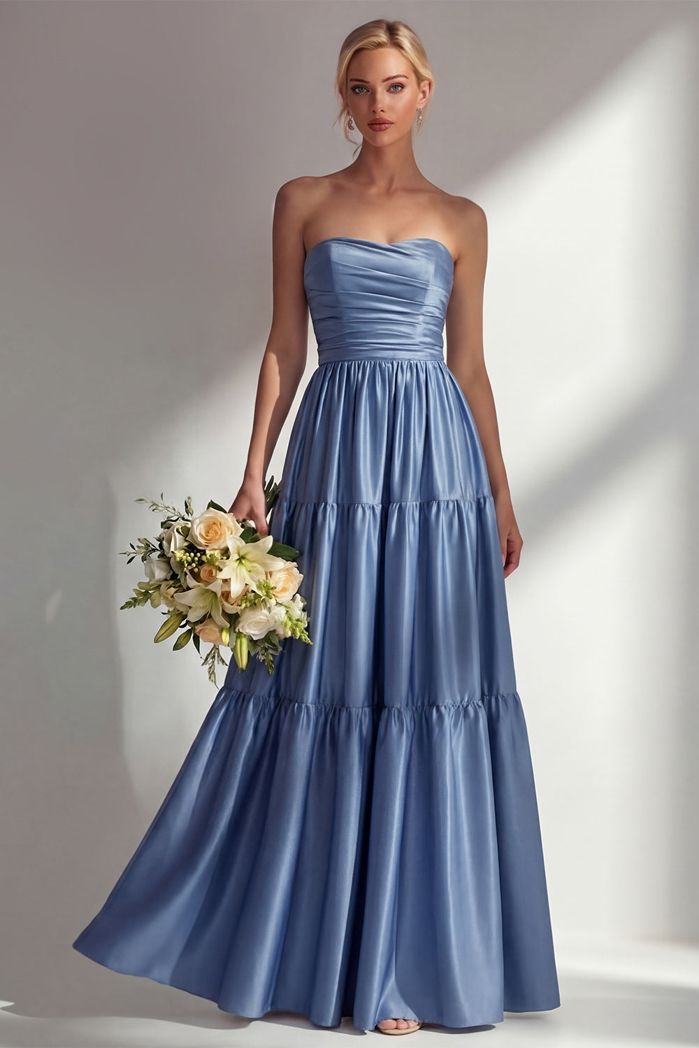 Steel Blue Off the Shoulder Satin Backless Long Bridesmaid Dress