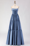 Steel Blue Off the Shoulder Satin Backless Long Bridesmaid Dress