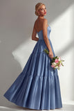 Steel Blue Off the Shoulder Satin Backless Long Bridesmaid Dress
