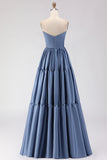 Steel Blue Off the Shoulder Satin Backless Long Bridesmaid Dress