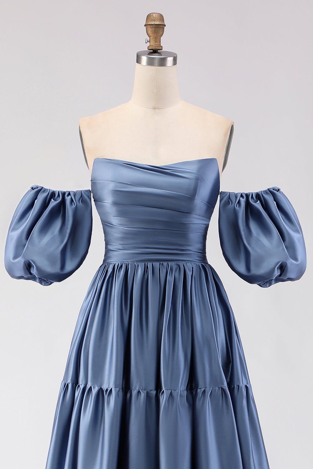 Steel Blue Off the Shoulder Satin Backless Long Bridesmaid Dress