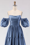 Steel Blue Off the Shoulder Satin Backless Long Bridesmaid Dress