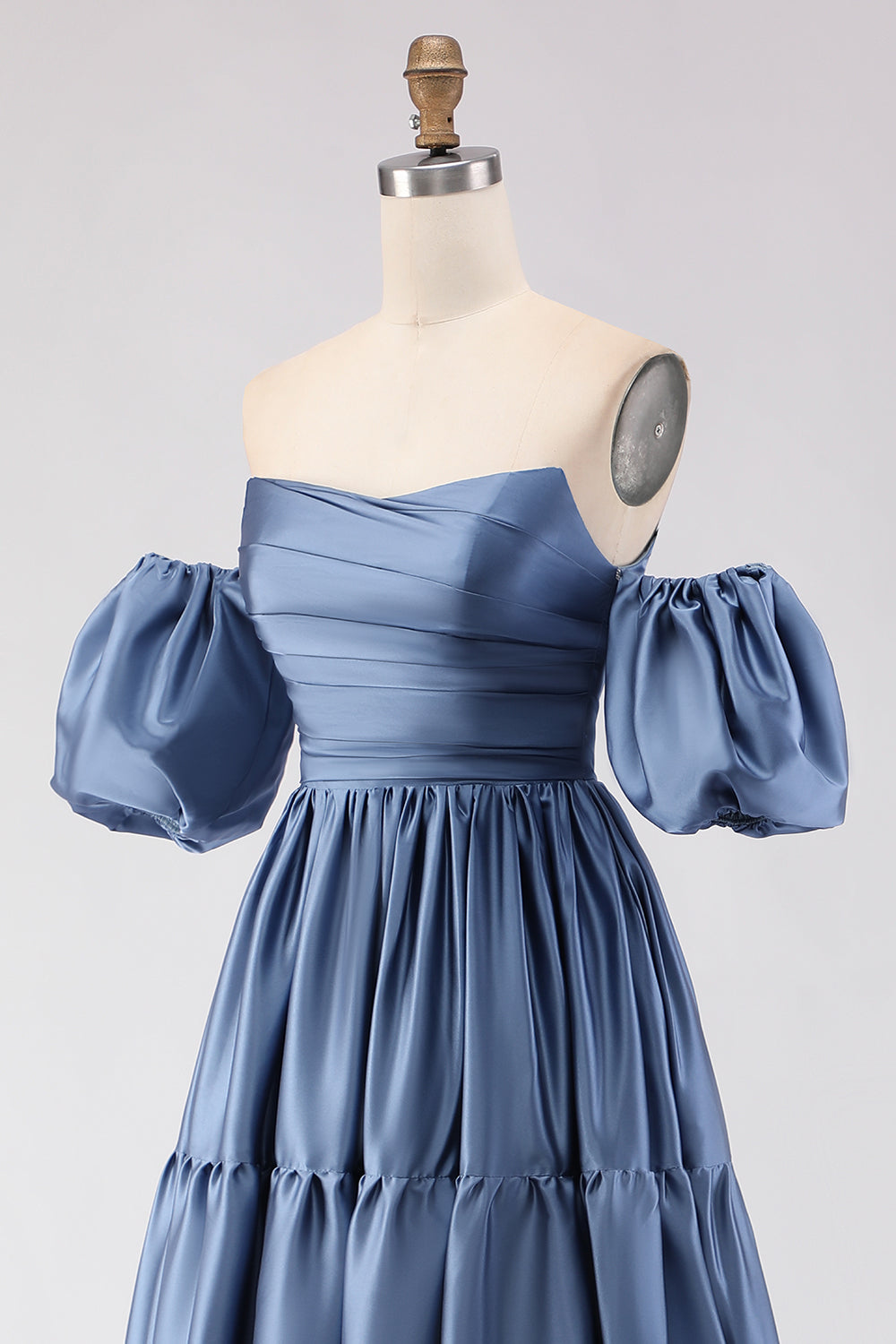 Steel Blue Off the Shoulder Satin Backless Long Bridesmaid Dress