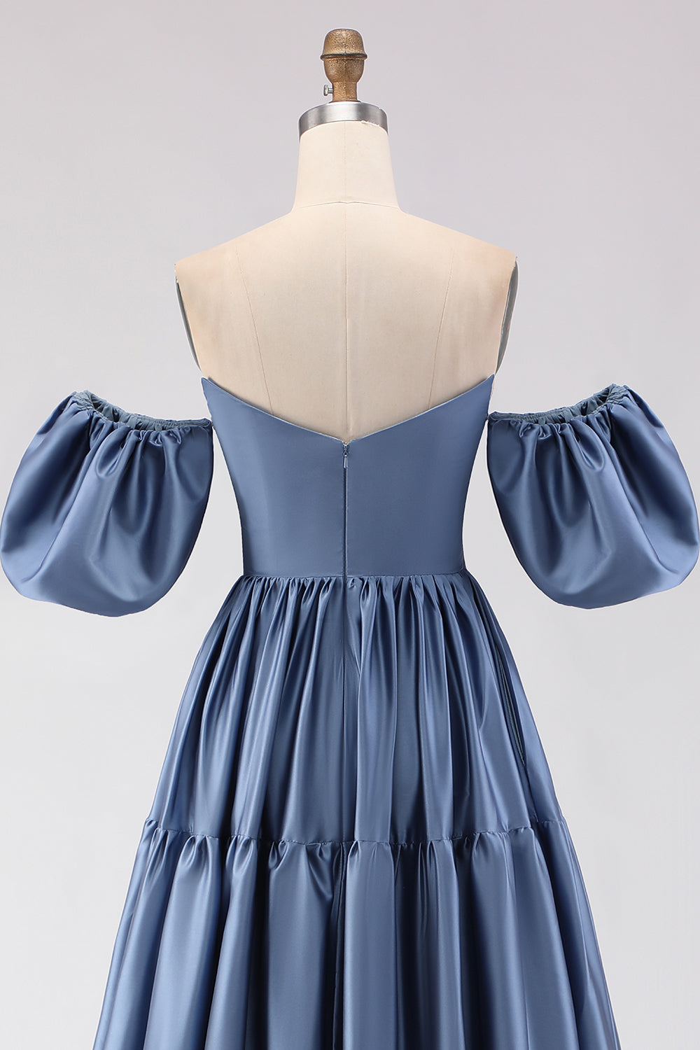 Steel Blue Off the Shoulder Satin Backless Long Bridesmaid Dress