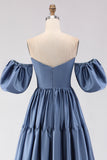 Steel Blue Off the Shoulder Satin Backless Long Bridesmaid Dress