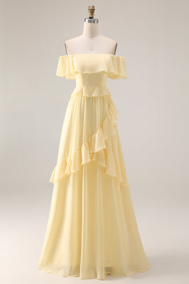 A Line Yellow Off the Shouler Long Chiffon Bridesmaid Dress with Ruffles