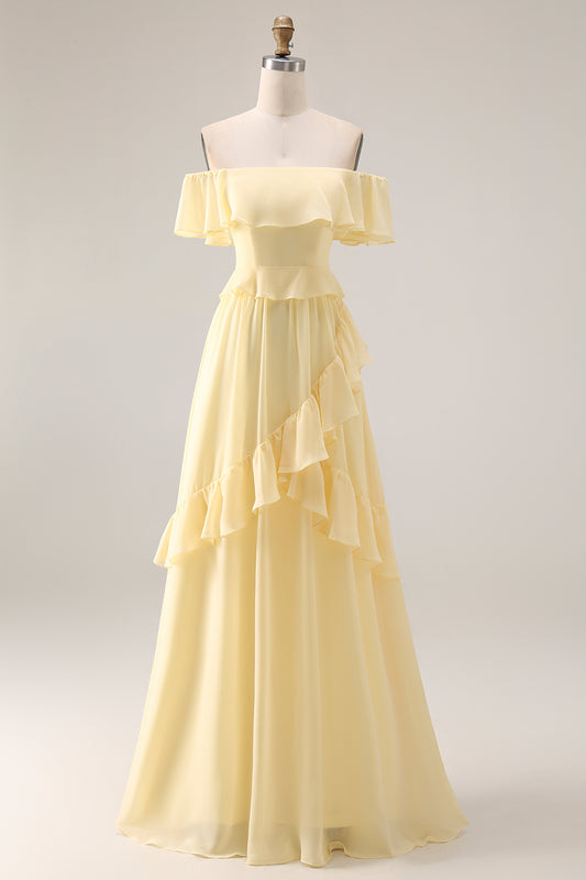 A Line Yellow Off the Shouler Long Chiffon Bridesmaid Dress with Ruffles