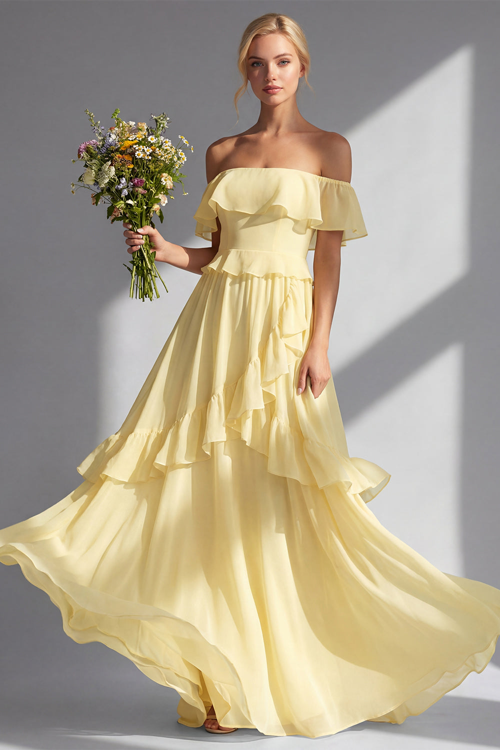 A Line Yellow Off the Shouler Long Chiffon Bridesmaid Dress with Ruffles