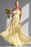 A Line Yellow Off the Shouler Long Chiffon Bridesmaid Dress with Ruffles