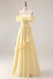 A Line Yellow Off the Shouler Long Chiffon Bridesmaid Dress with Ruffles
