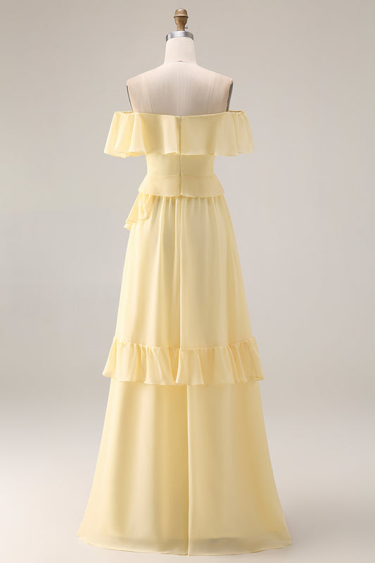 A Line Yellow Off the Shouler Long Chiffon Bridesmaid Dress with Ruffles