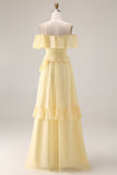 A Line Yellow Off the Shouler Long Chiffon Bridesmaid Dress with Ruffles