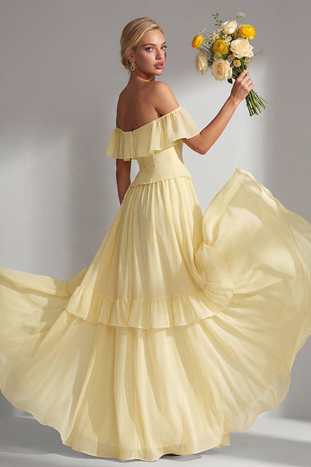 A Line Yellow Off the Shouler Long Chiffon Bridesmaid Dress with Ruffles