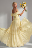 A Line Yellow Off the Shouler Long Chiffon Bridesmaid Dress with Ruffles