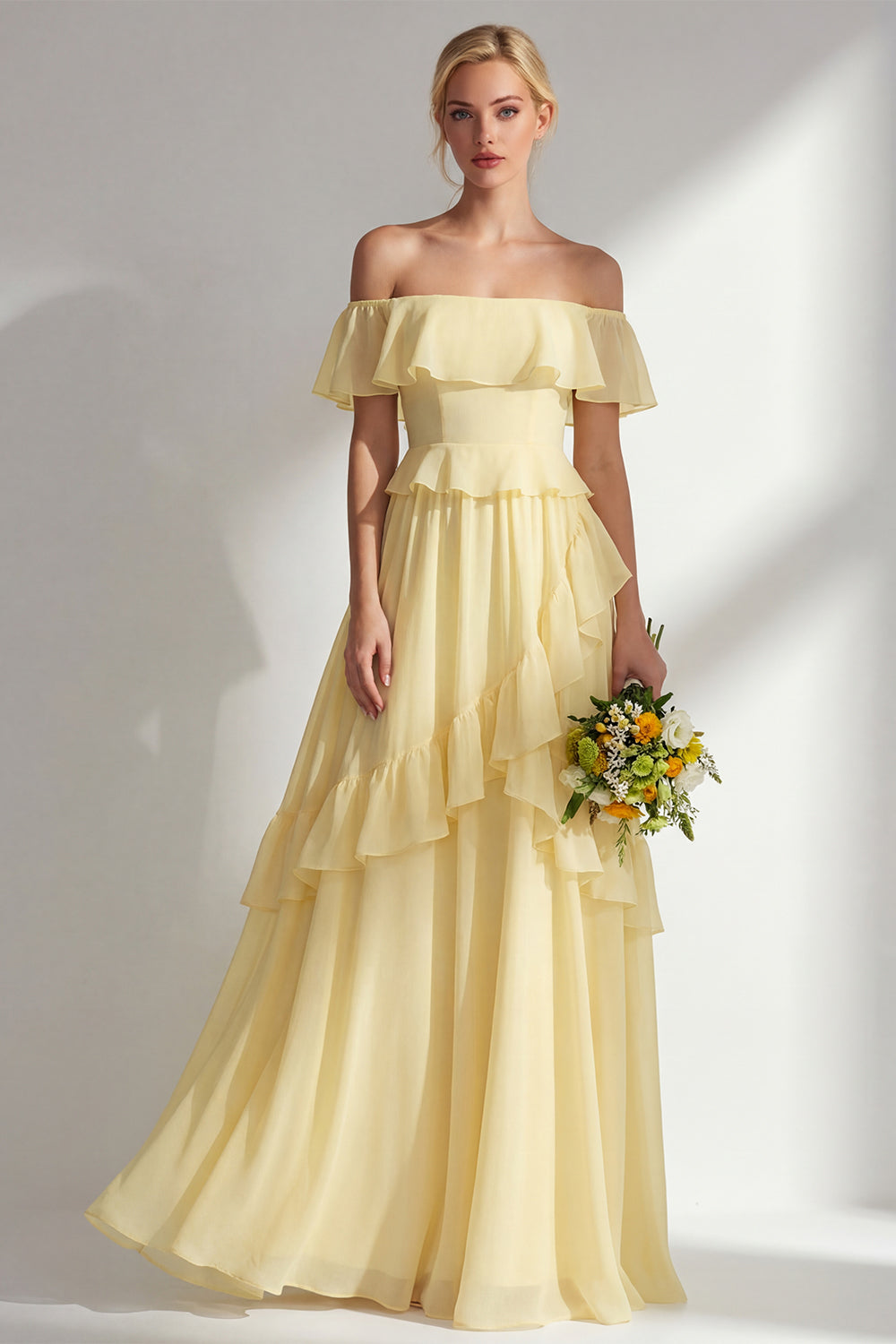 A Line Yellow Off the Shouler Long Chiffon Bridesmaid Dress with Ruffles