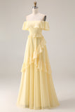 A Line Yellow Off the Shouler Long Chiffon Bridesmaid Dress with Ruffles
