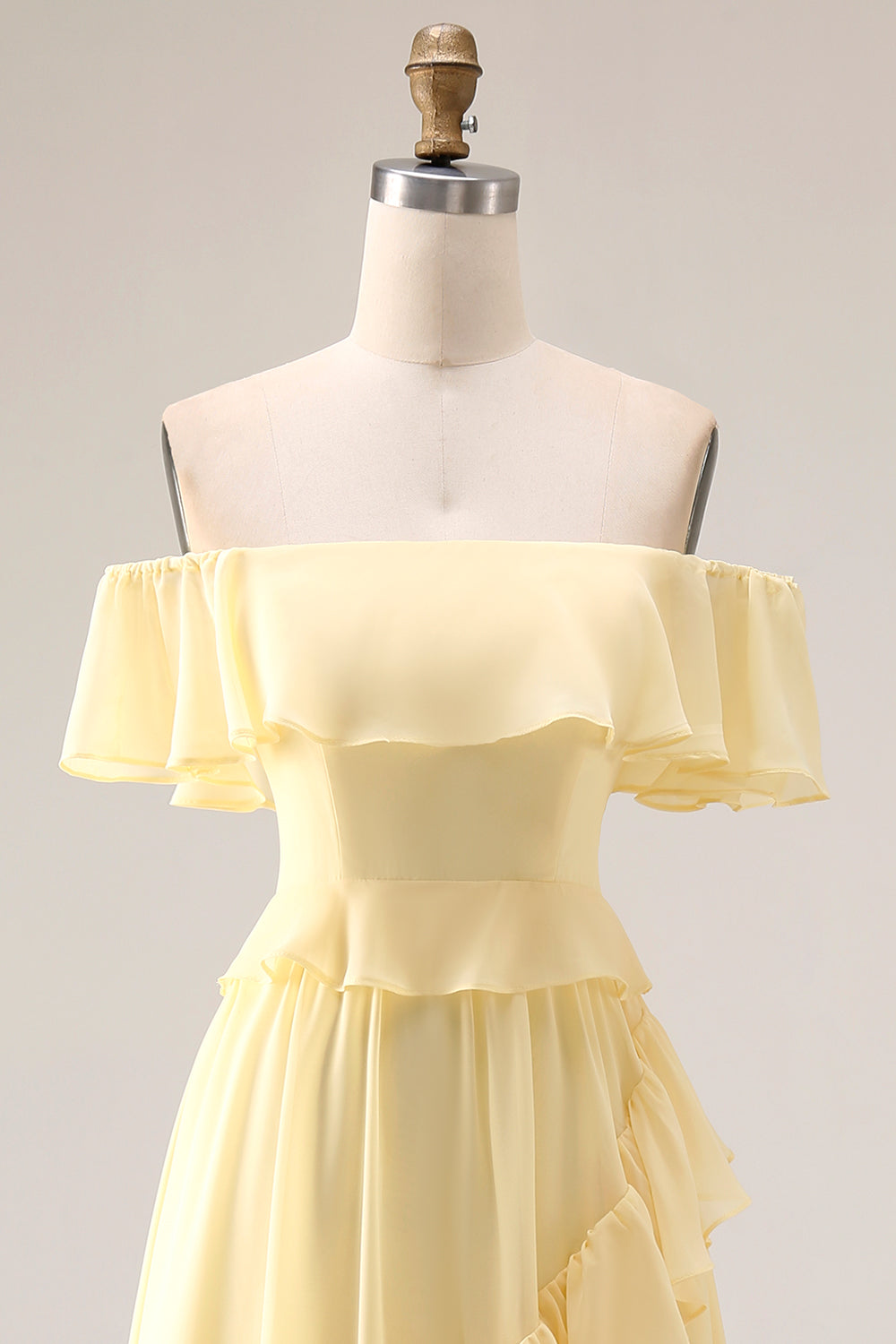 A Line Yellow Off the Shouler Long Chiffon Bridesmaid Dress with Ruffles
