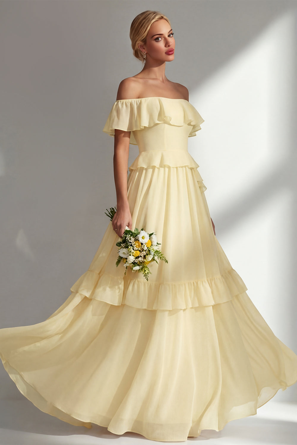 A Line Yellow Off the Shouler Long Chiffon Bridesmaid Dress with Ruffles