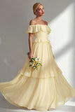 A Line Yellow Off the Shouler Long Chiffon Bridesmaid Dress with Ruffles
