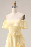 A Line Yellow Off the Shouler Long Chiffon Bridesmaid Dress with Ruffles