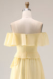 A Line Yellow Off the Shouler Long Chiffon Bridesmaid Dress with Ruffles