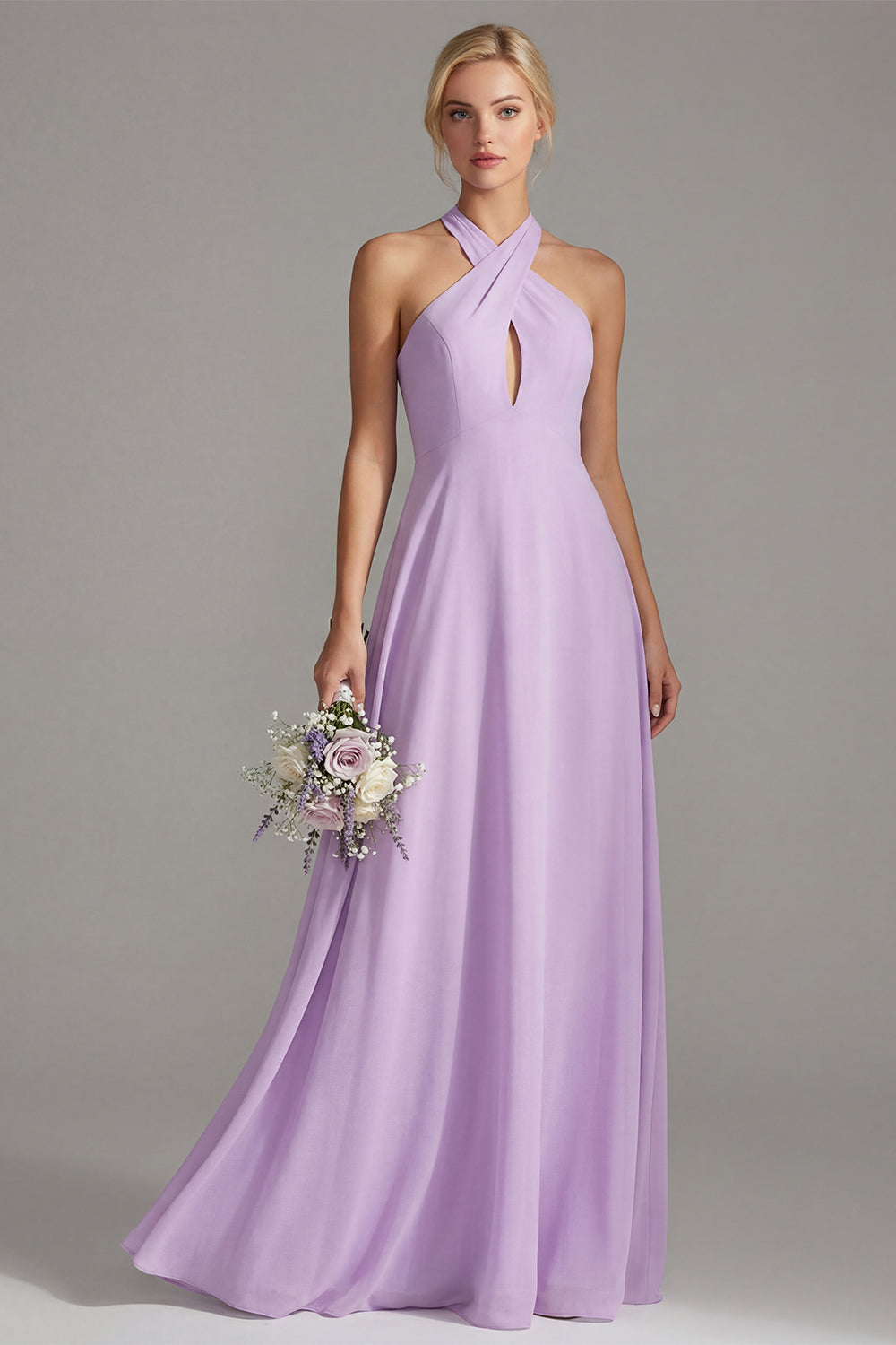 Lilac Sheath Chiffon Halter Neck Long Bridesmaid Dress with Bow
