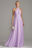 Lilac Sheath Chiffon Halter Neck Long Bridesmaid Dress with Bow
