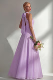 Lilac Sheath Chiffon Halter Neck Long Bridesmaid Dress with Bow
