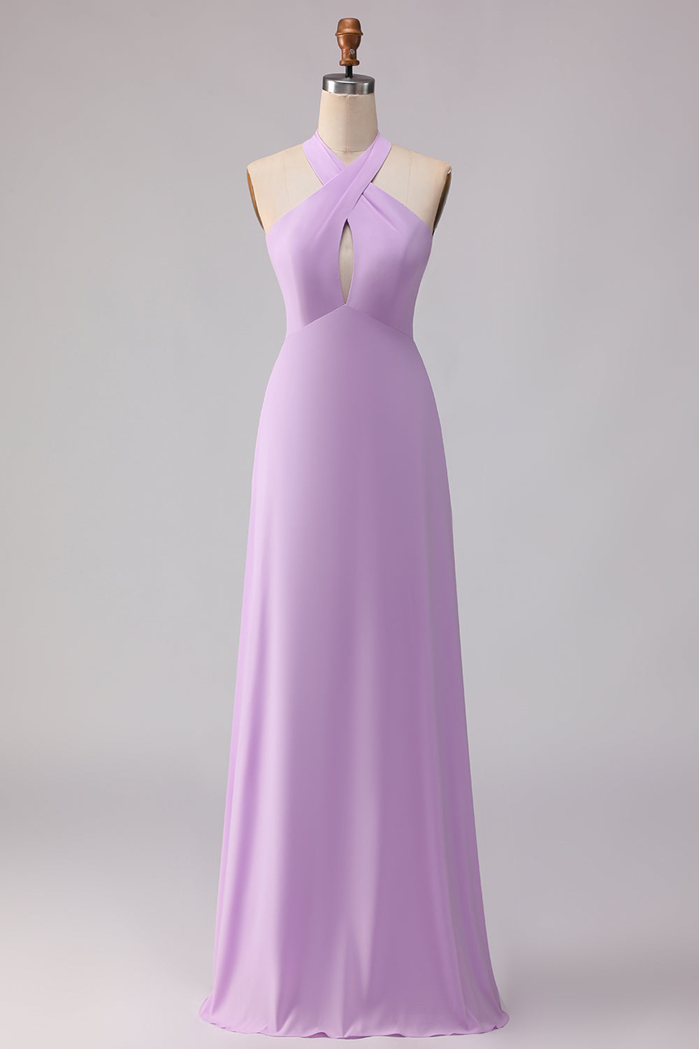 Lilac Sheath Chiffon Halter Neck Long Bridesmaid Dress with Bow