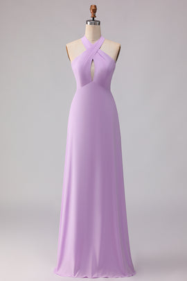 Lilac Sheath Chiffon Halter Neck Long Bridesmaid Dress with Bow