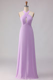 Lilac Sheath Chiffon Halter Neck Long Bridesmaid Dress with Bow