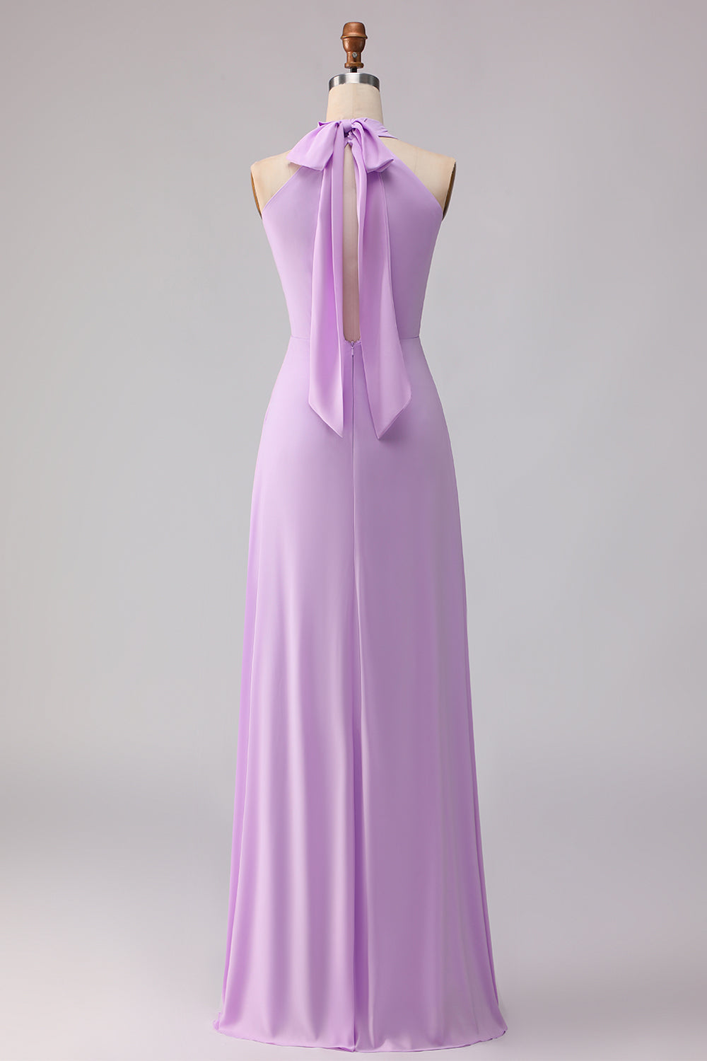 Lilac Sheath Chiffon Halter Neck Long Bridesmaid Dress with Bow