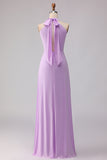Lilac Sheath Chiffon Halter Neck Long Bridesmaid Dress with Bow