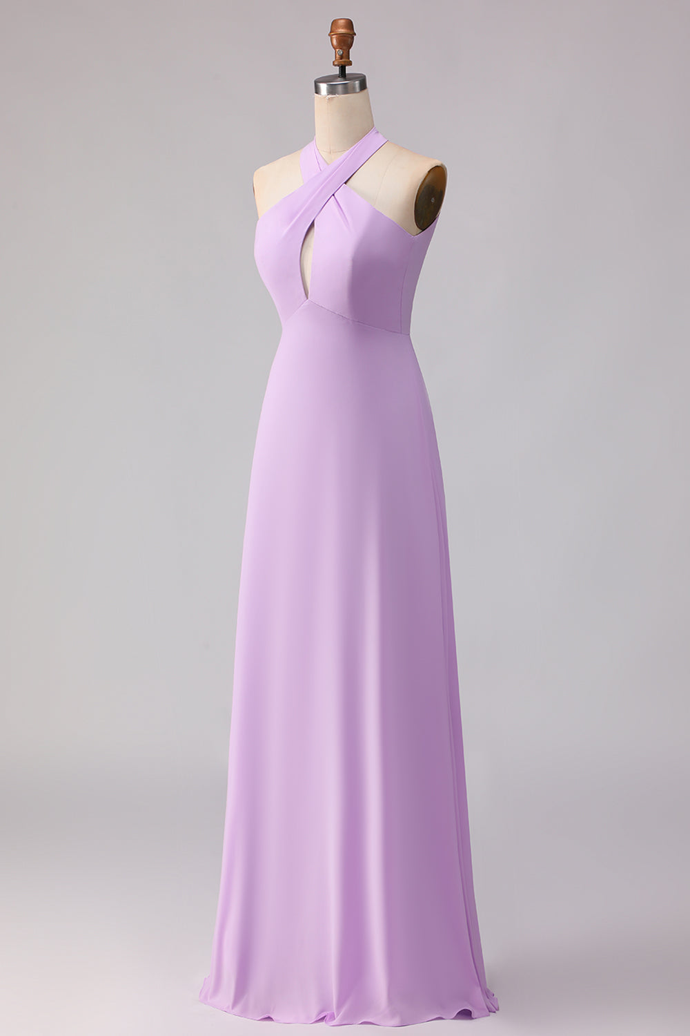 Lilac Sheath Chiffon Halter Neck Long Bridesmaid Dress with Bow
