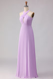 Lilac Sheath Chiffon Halter Neck Long Bridesmaid Dress with Bow
