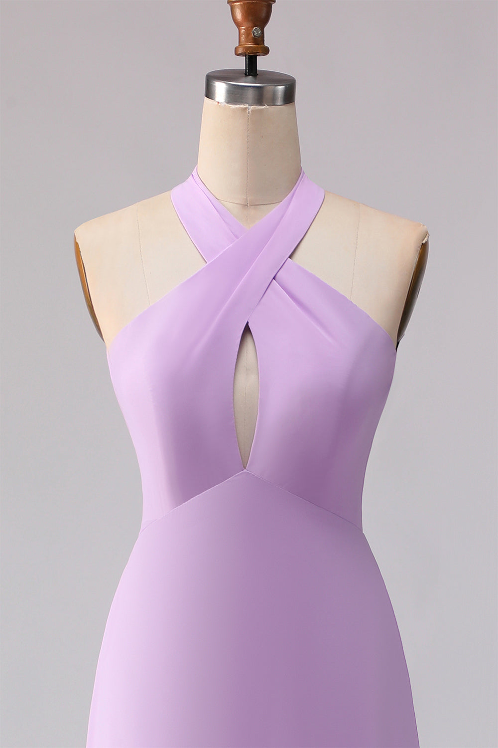 Lilac Sheath Chiffon Halter Neck Long Bridesmaid Dress with Bow