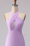 Lilac Sheath Chiffon Halter Neck Long Bridesmaid Dress with Bow