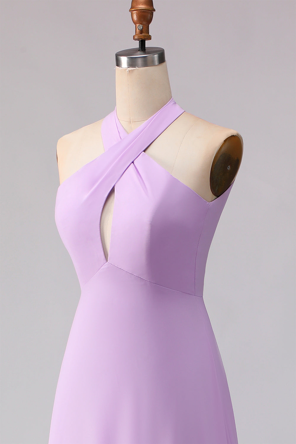 Lilac Sheath Chiffon Halter Neck Long Bridesmaid Dress with Bow