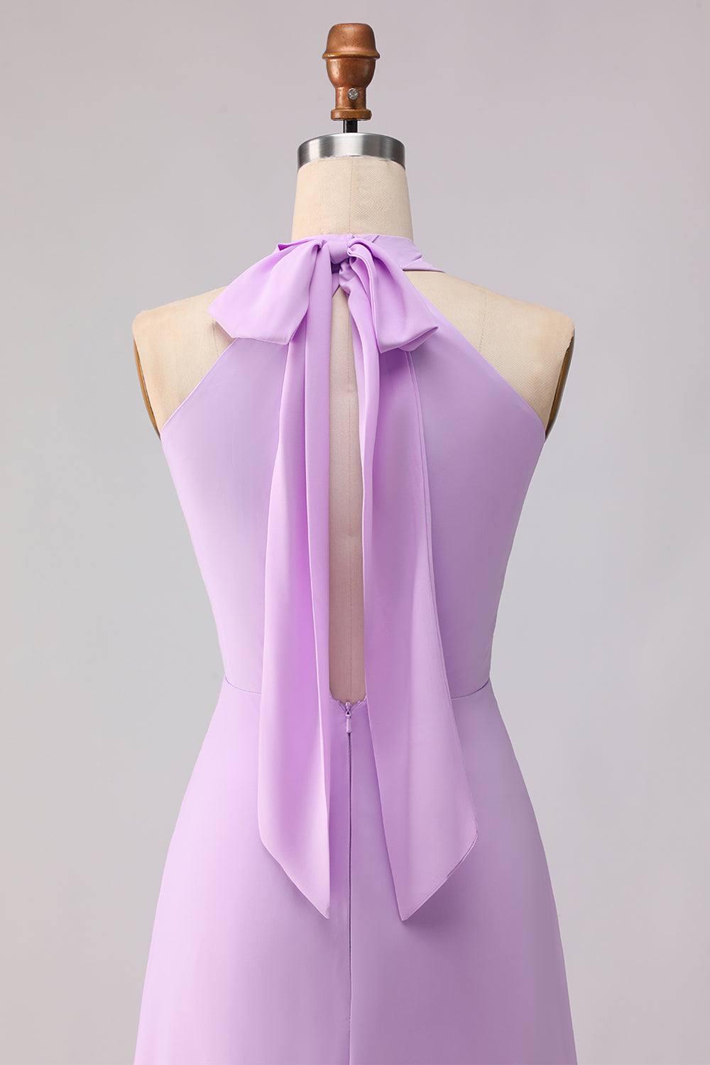 Lilac Sheath Chiffon Halter Neck Long Bridesmaid Dress with Bow
