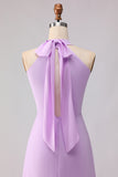Lilac Sheath Chiffon Halter Neck Long Bridesmaid Dress with Bow