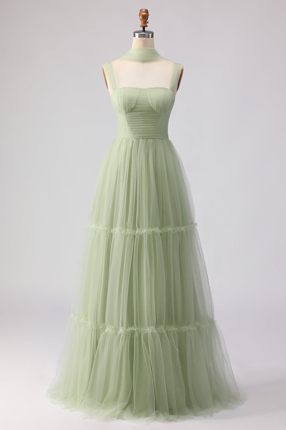 Dusty Sage Neck Scarf A Line Long Tulle Bridesmaid Dress