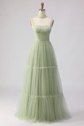 Dusty Sage Neck Scarf A Line Long Tulle Bridesmaid Dress