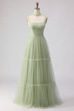 Dusty Sage Neck Scarf A Line Long Tulle Bridesmaid Dress