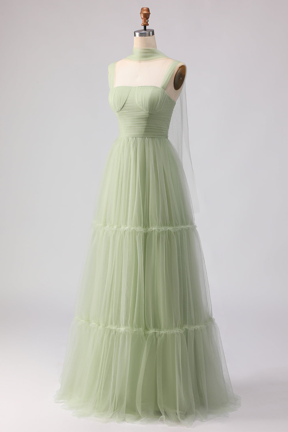 Dusty Sage Neck Scarf A Line Long Tulle Bridesmaid Dress