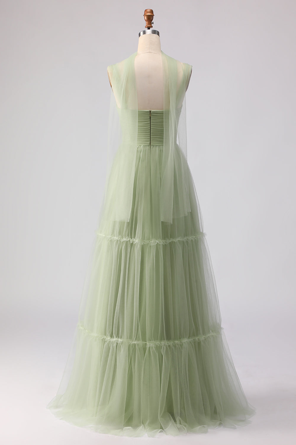 Dusty Sage Neck Scarf A Line Long Tulle Bridesmaid Dress