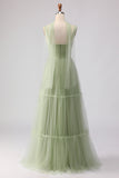 Dusty Sage Neck Scarf A Line Long Tulle Bridesmaid Dress