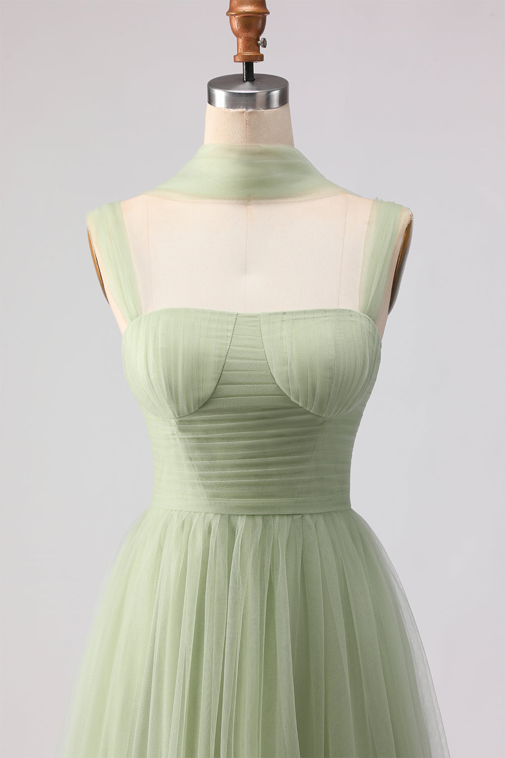 Dusty Sage Neck Scarf A Line Long Tulle Bridesmaid Dress