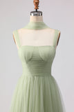 Dusty Sage Neck Scarf A Line Long Tulle Bridesmaid Dress