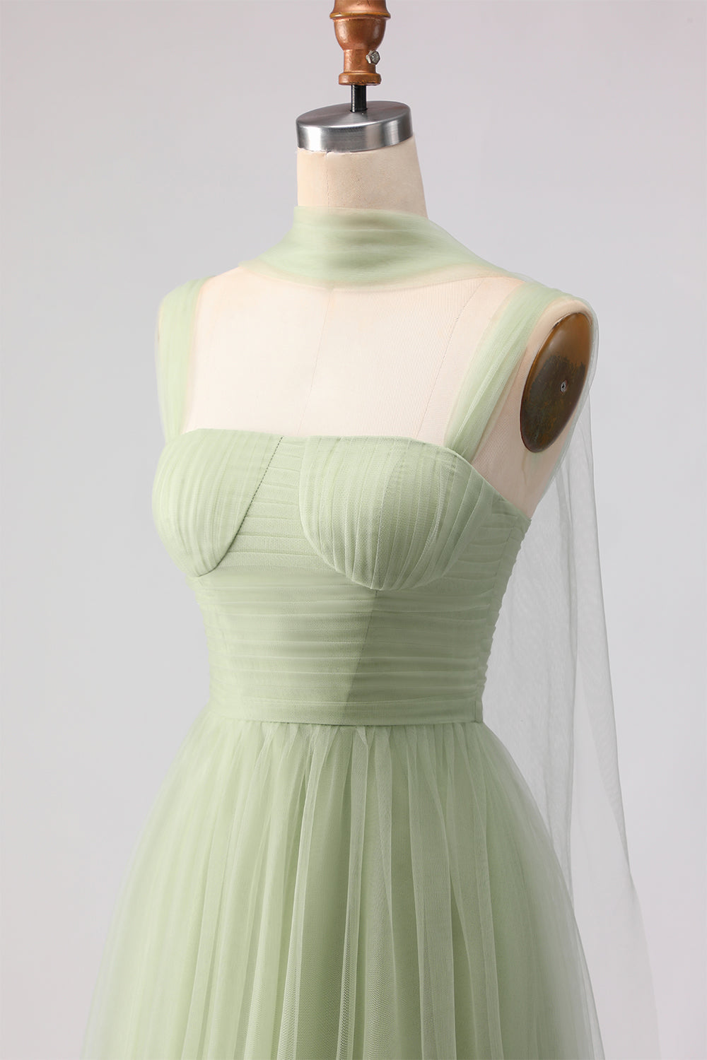 Dusty Sage Neck Scarf A Line Long Tulle Bridesmaid Dress